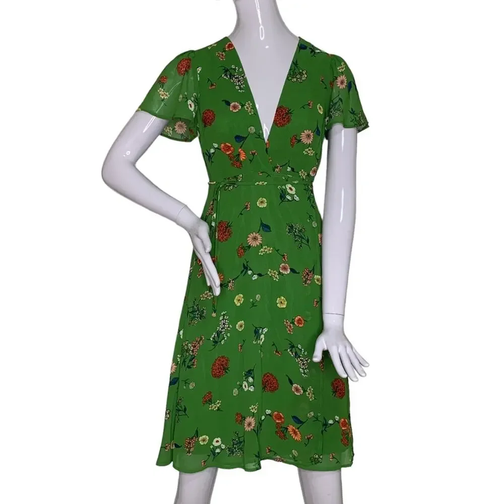 Forever 21 NWT Wrap Dress Floral Print Short Sleeve Green/Coral/Blue Size S